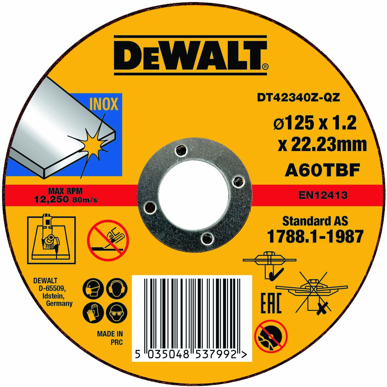 Dewalt DT42340Z-QZ,  Trennscheibe 125x1,2x22,23 mm Inox, High Performance Trennscheibe 125x1,2x22,23 mm Inox Typ 41 (flach)