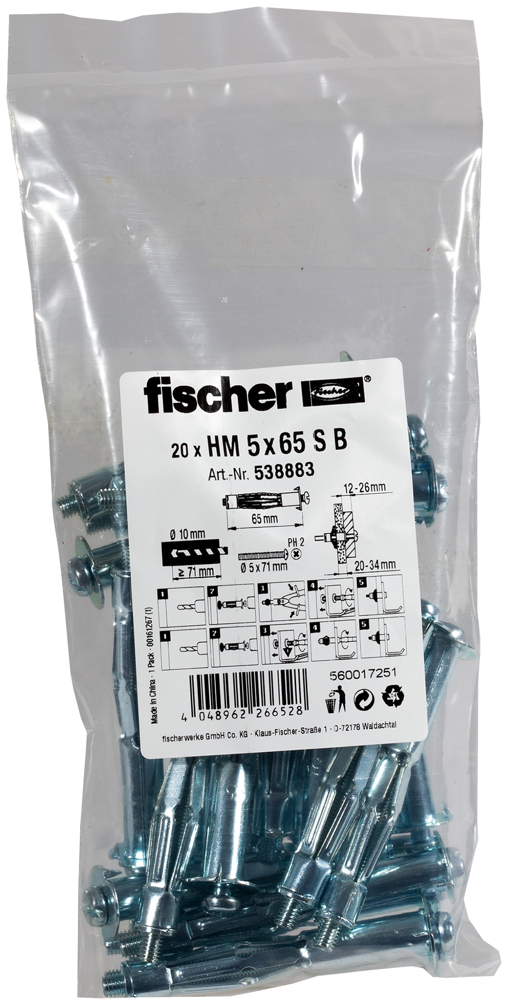 Fischer HM 5 x 65 S B. Der vielseitige Hohlraumdübel aus Metall mit metrischer Schraube.
