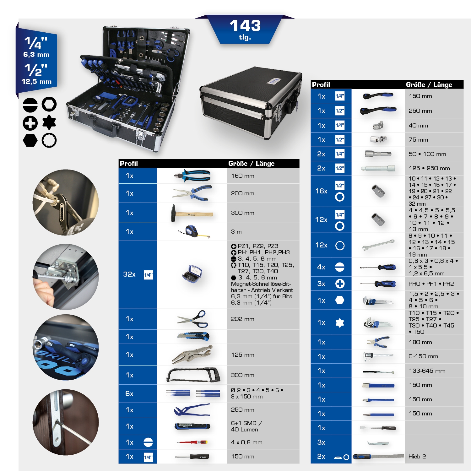 Brilliant Tools  1/4" + 1/2" Universal-Werkzeug-Satz, 143-tlg