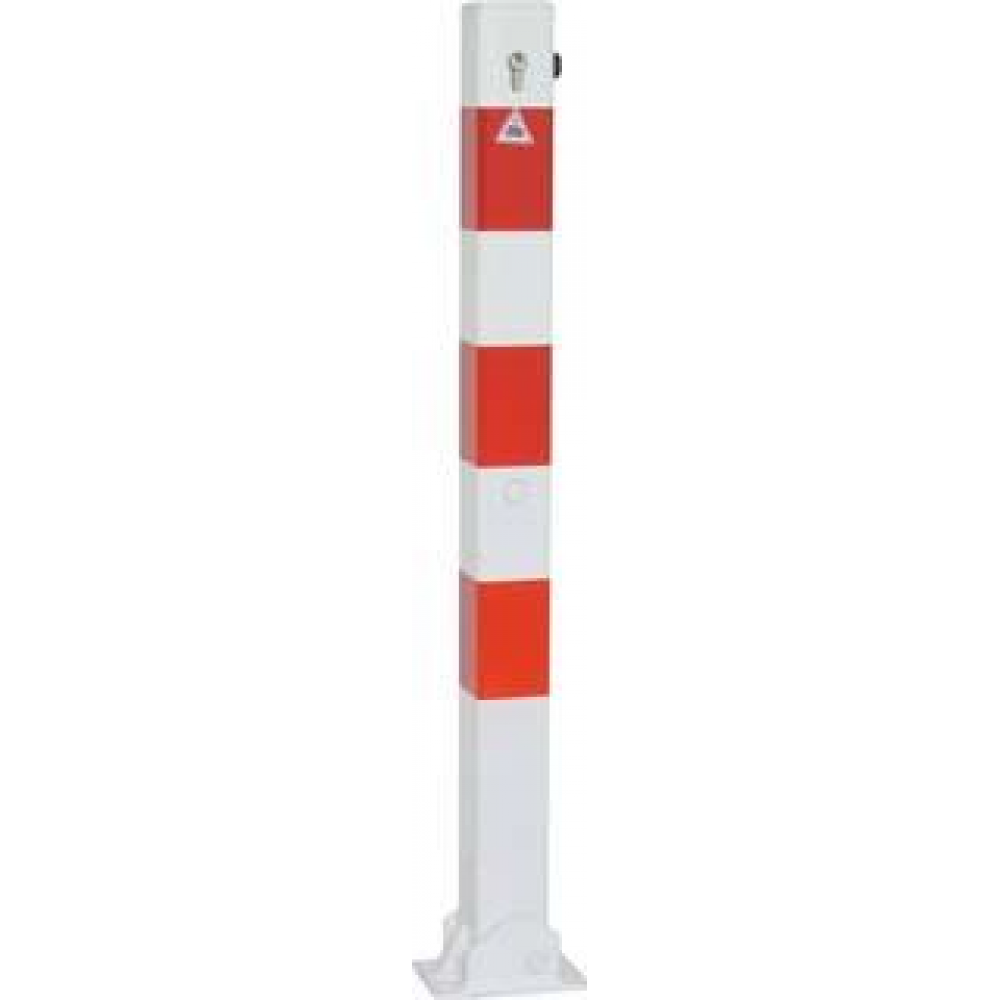 Absperrpfosten, ortsfest, umlegbar, zur Dübelbefestigung rot/weiß H900x B70x T70 mm mit Profilzylinder zum Aufdübeln Schake