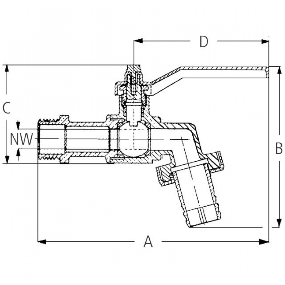 Kugelauslaufventil voller Durchgang mit Schlauchverschraubung 1/2" - 9mm MS Ni rotem Griff GEKA