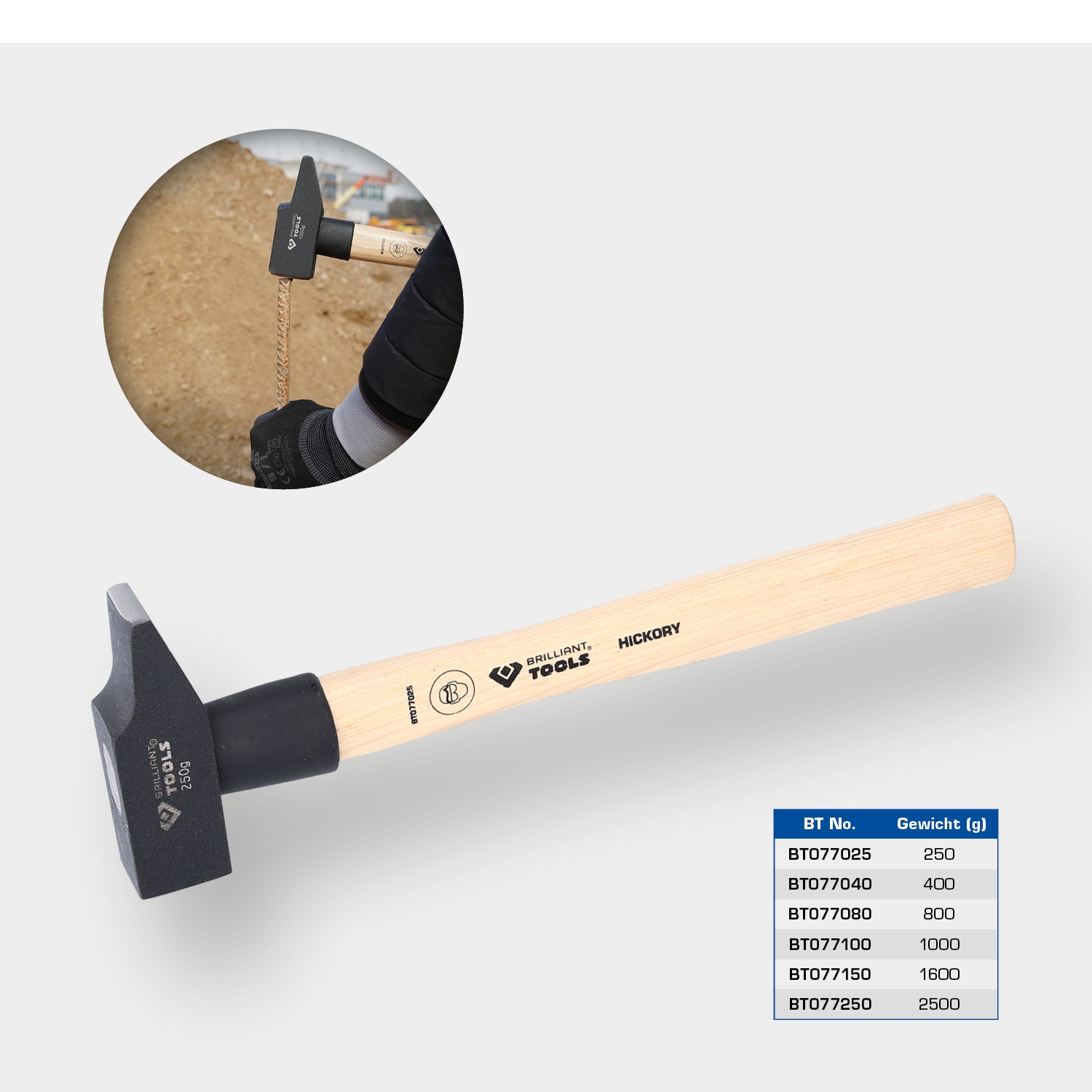 Brilliant Tools  Schlosserhammer mit Hickory-Stiel, 400 g, französische Form