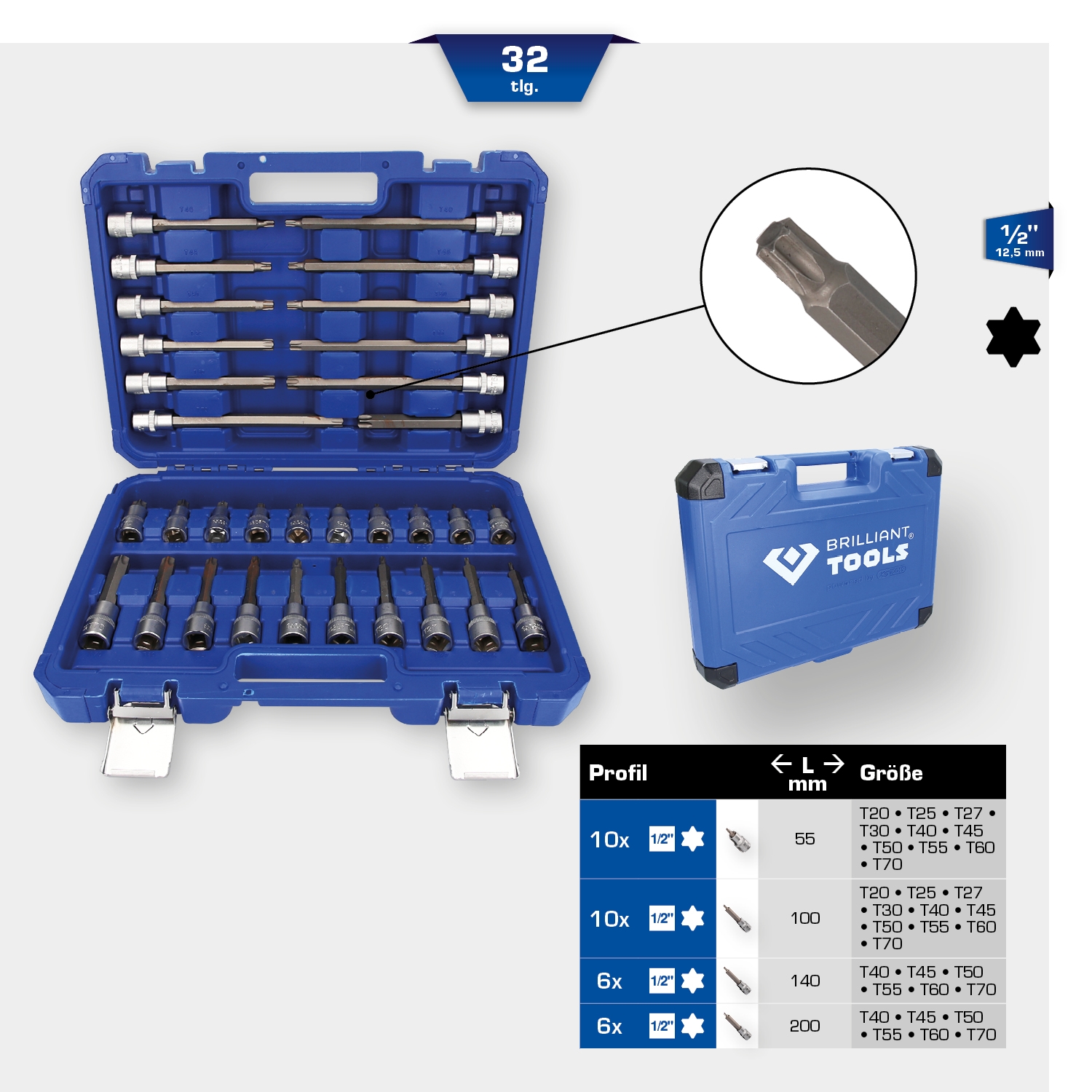 Brilliant Tools  1/2" Bit-Stecknuss-Satz, 32-tlg, Torx-Profil