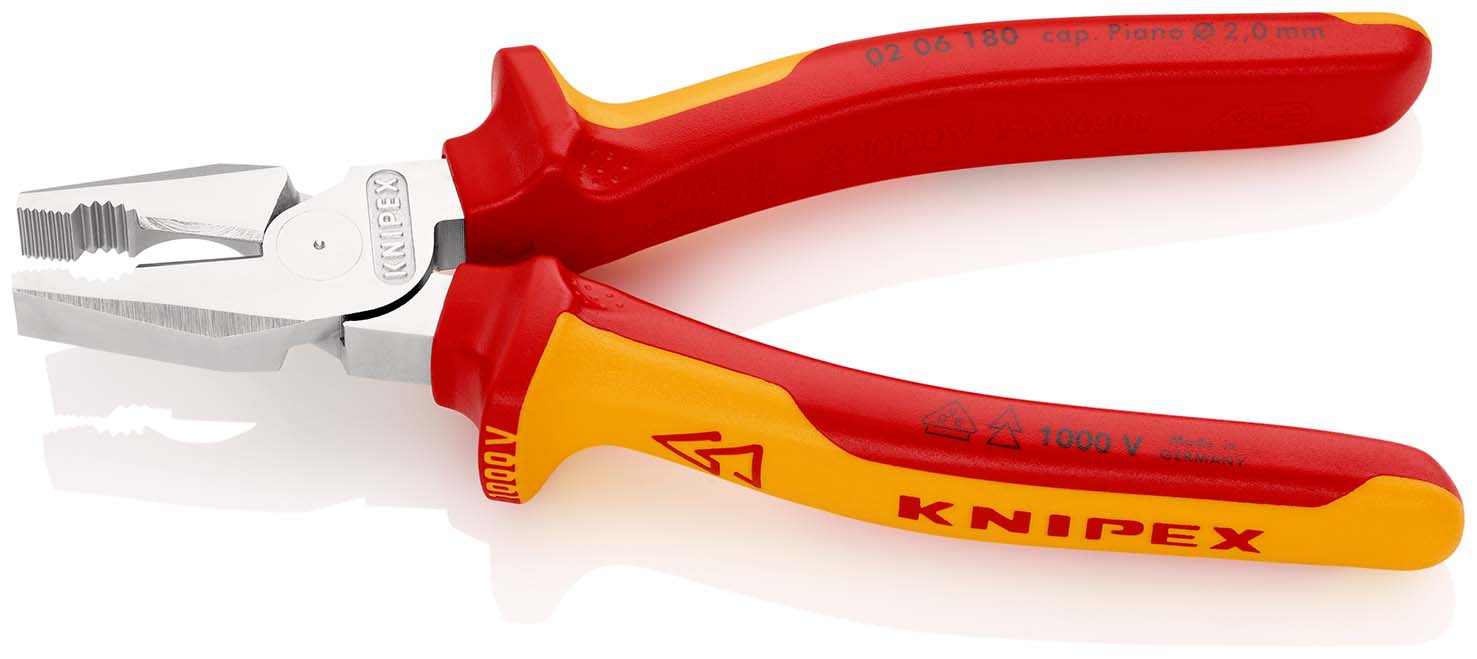 KNIPEX 02 06 180 SB Kraft-Kombizange isoliert mit Mehrkomponenten-Hüllen, VDE-geprüft verchromt 180 mm (SB-Karte/Blister)