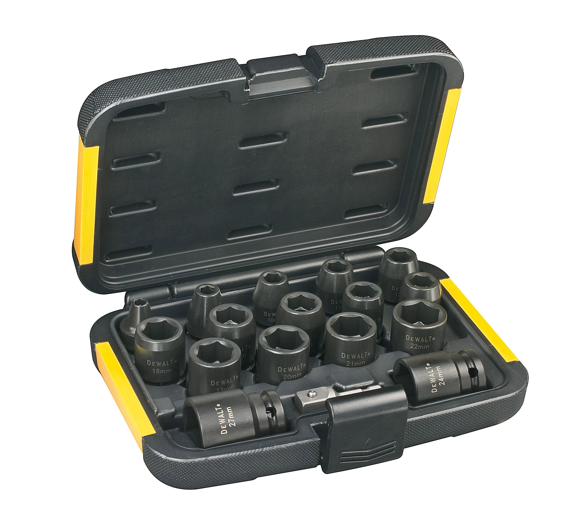 Dewalt DT7506-QZ,  Steckschluessel-Set 17-tlg. schlagf, 17-tlg. Schlagschrauber Nüsse Set mit 1/4" zu 1/2" Adapter, 16 Nüsse (6,8,10,11,12,13,14,16,17,18,19,20,21,22,24,27mm)