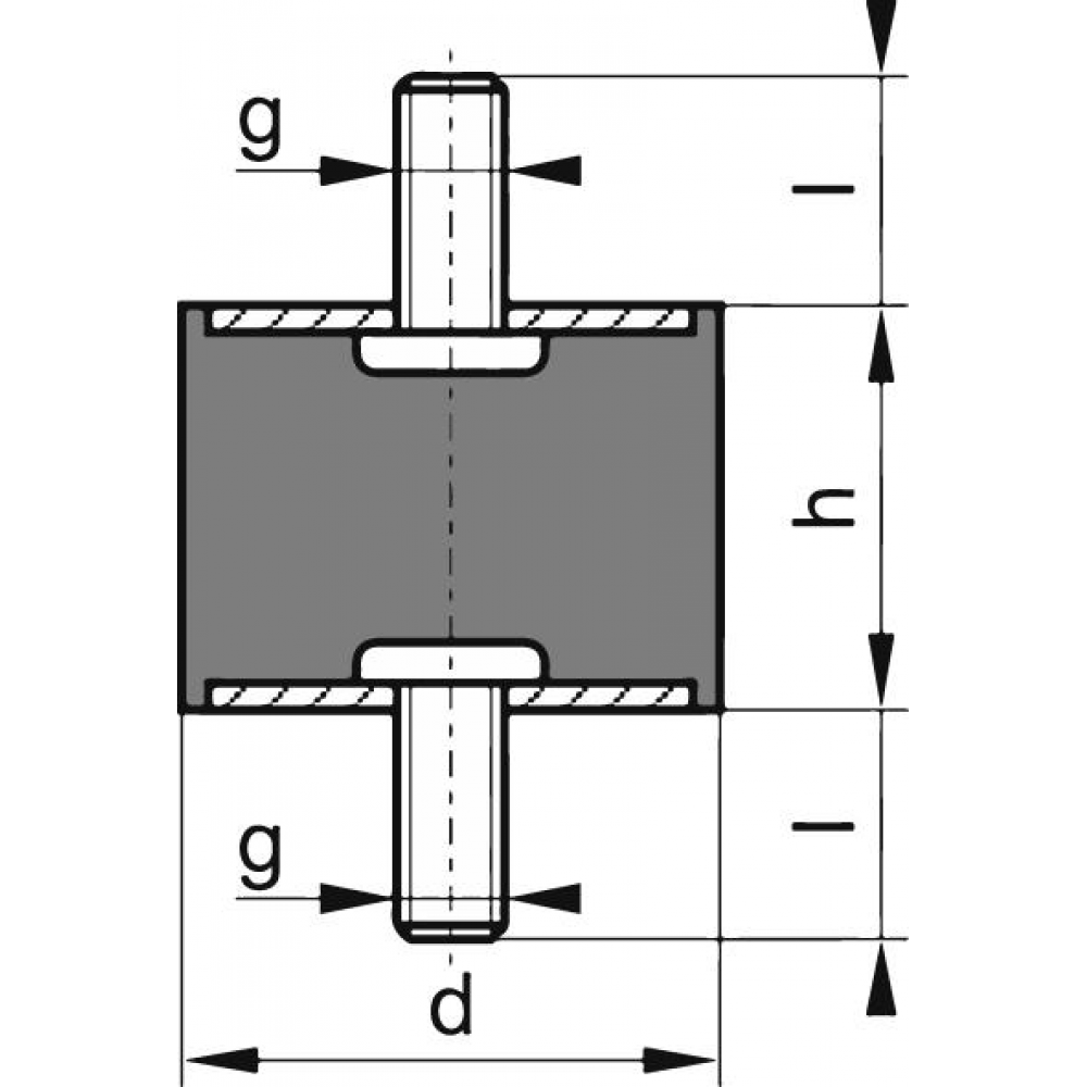 Gummi-Metall-Puffer, Ausführung A, 2 Gewindebolzen zylindrisch Typ D15x H15mm M5x12 NR57