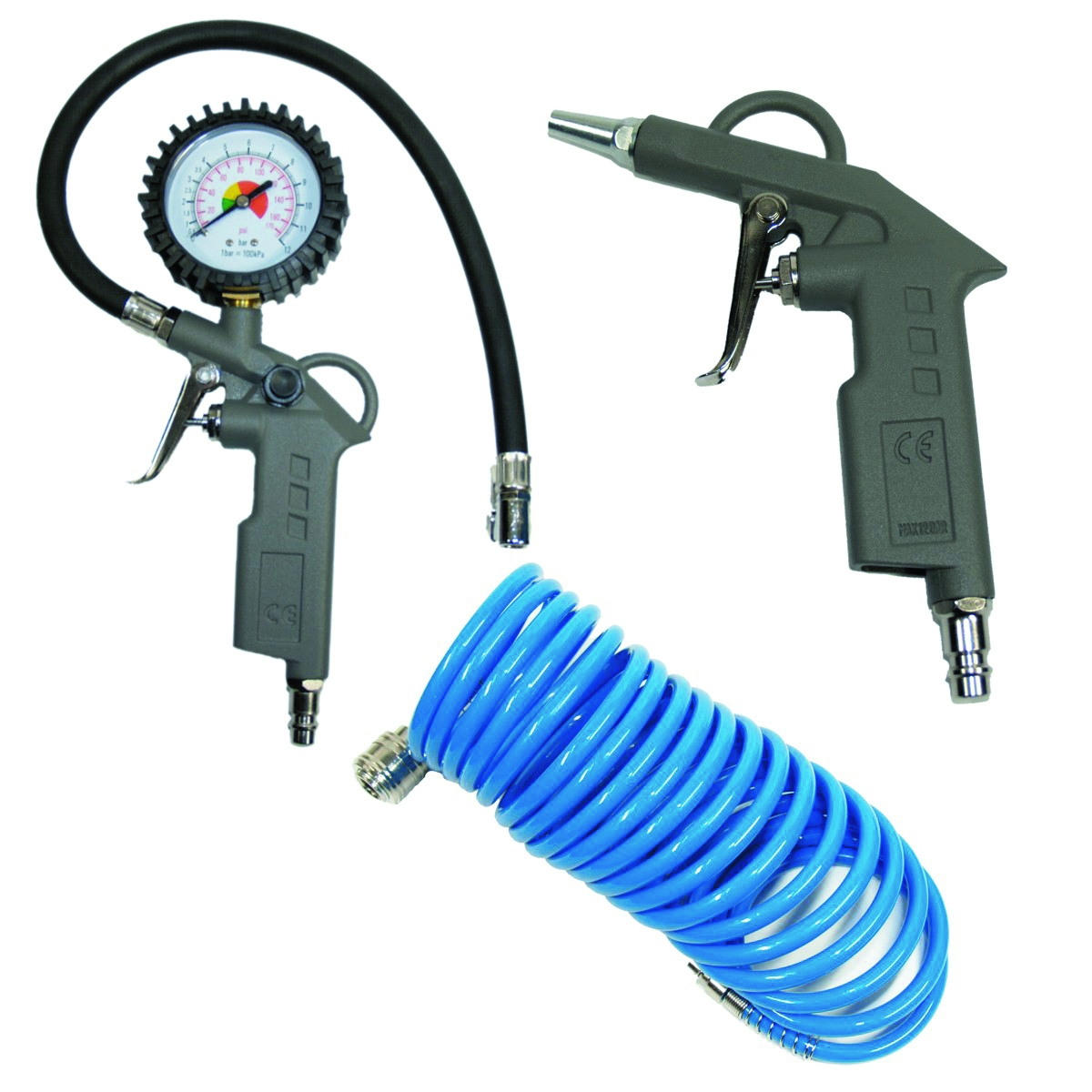 AeroTec  Druckluftset 3 tlg..  Ausblaspistole, Reifenfüller und Spiralschlauch im praktischen Setlauch im praktischen SetKIT 3