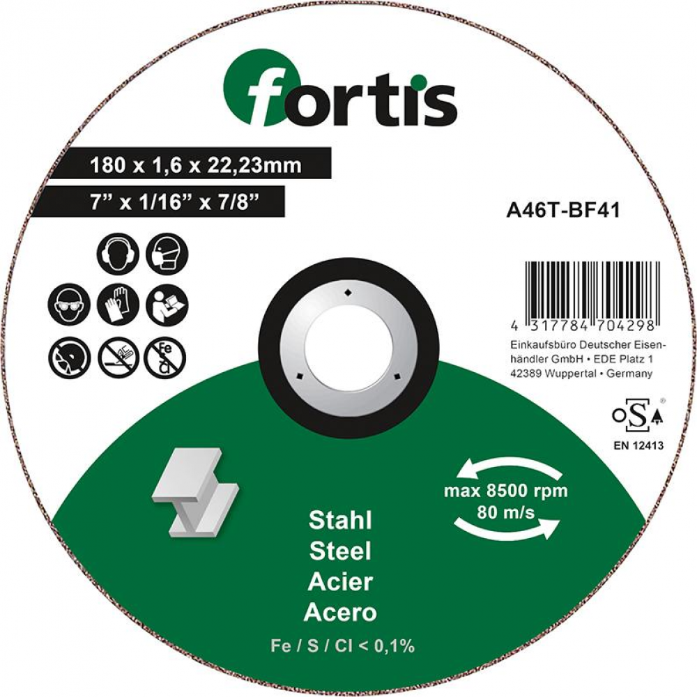 Trennscheibe für Stahl 180 x 1,6mm gerade FORTIS