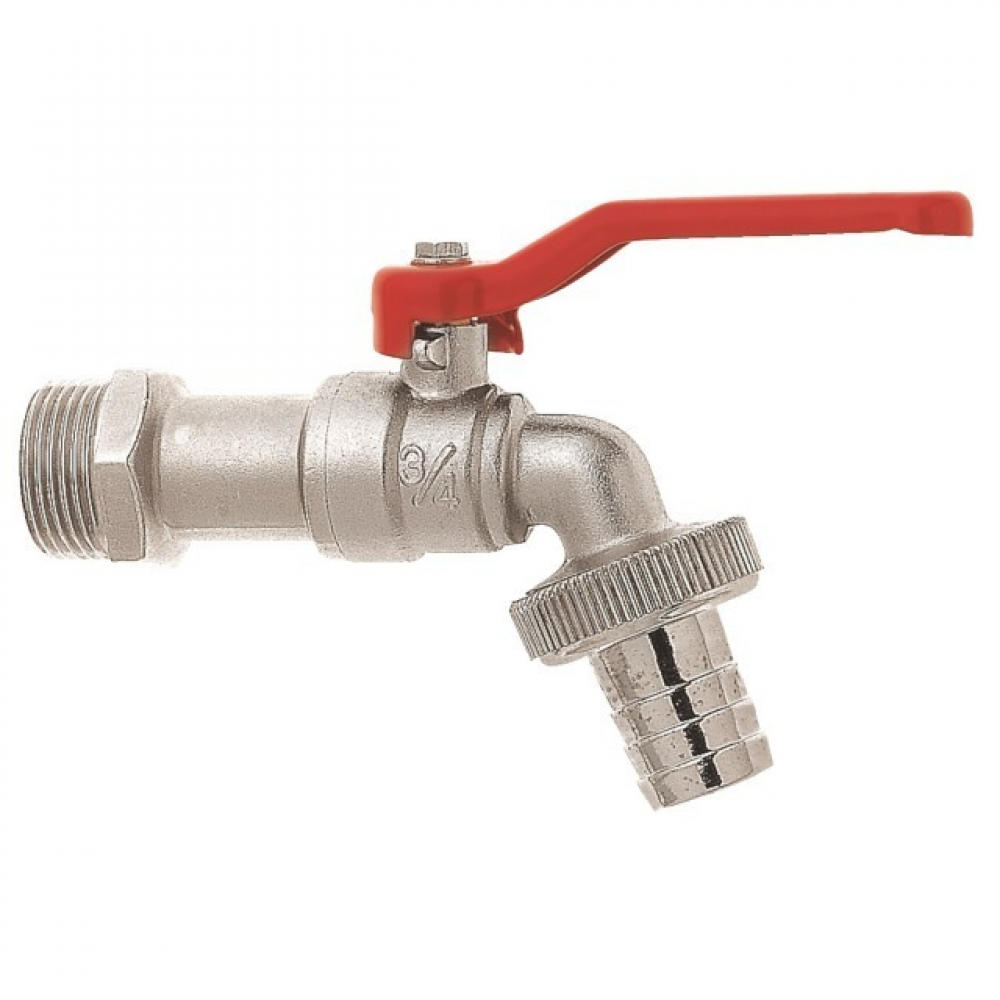 Kugelauslaufventil voller Durchgang mit Schlauchverschraubung 1/2" - 9mm MS Ni rotem Griff GEKA