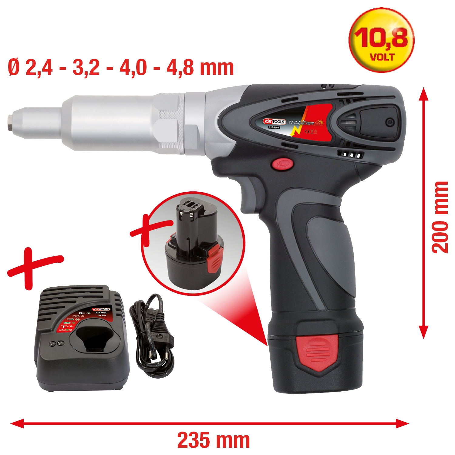 KSTOOLS Akku-Blindniet-Pistole mit 1 Akku und 1 Ladegerät