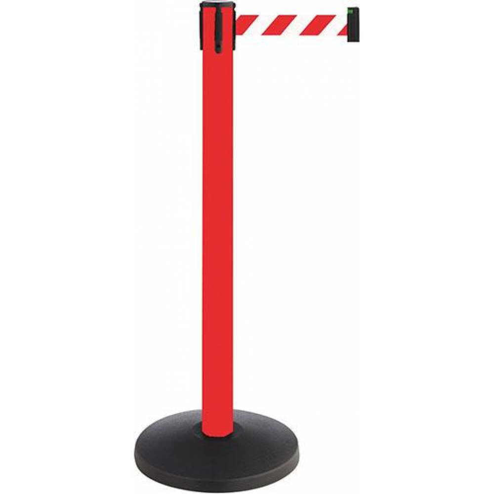 Absperrpfosten ALA Metall, rot, Gurtlänge: 4m Gurt: rot-weiss, diagonal gestreift