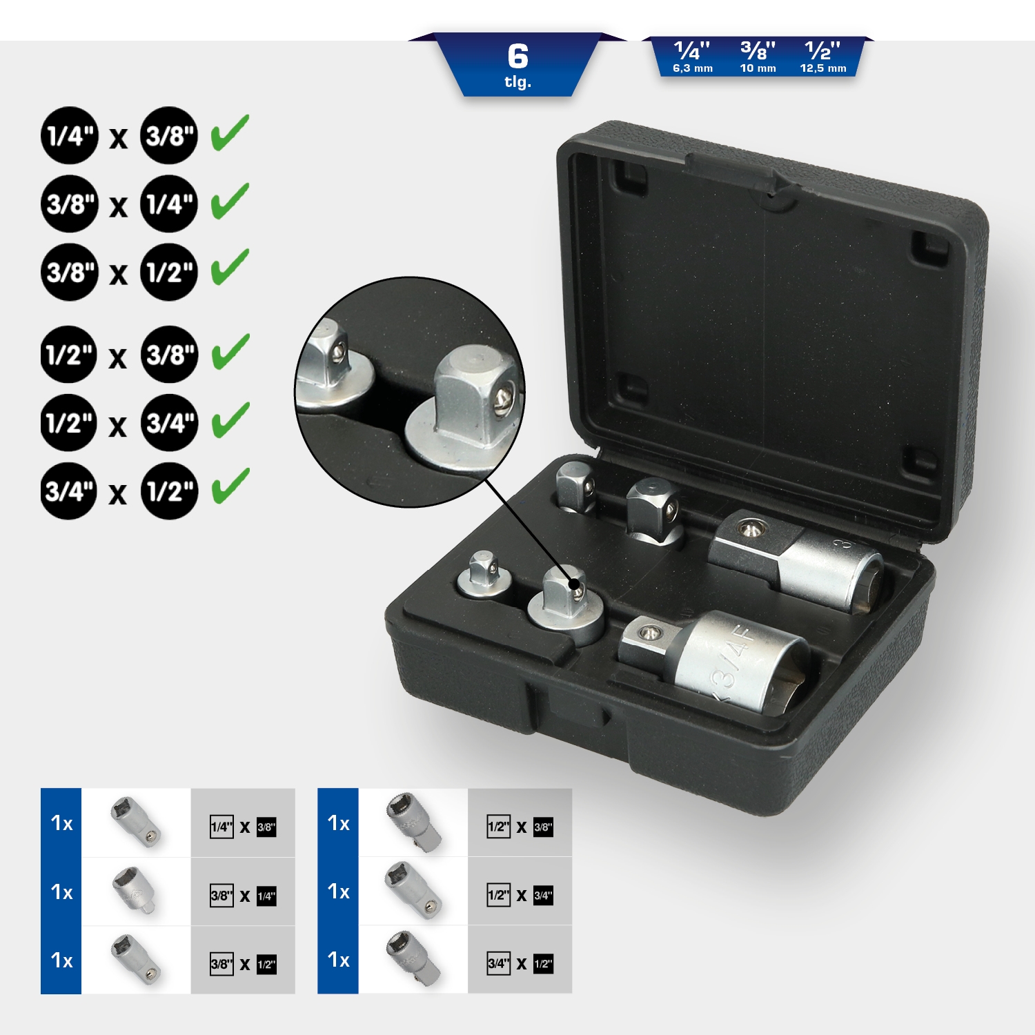 Brilliant Tools  Adapter-Satz, 6-tlg, 1/4" + 3/8" + 1/2" + 3/4"