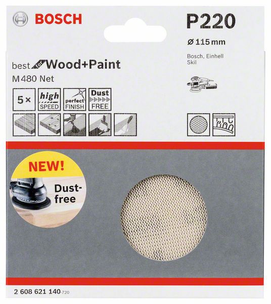Bosch Schleifblatt M480 Net, Best for Wood and Paint, 115 mm, 220, 5er-Pack