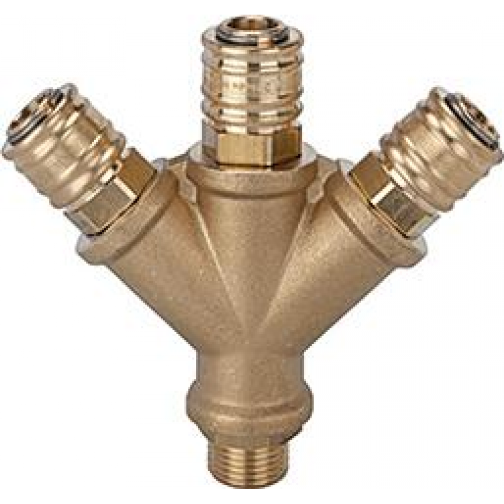 Druckluftverteiler, 3 Abgänge Verteiler 3-fach, Messingmit Kupplungen NW7,2, AG G1/4" RIEGLER