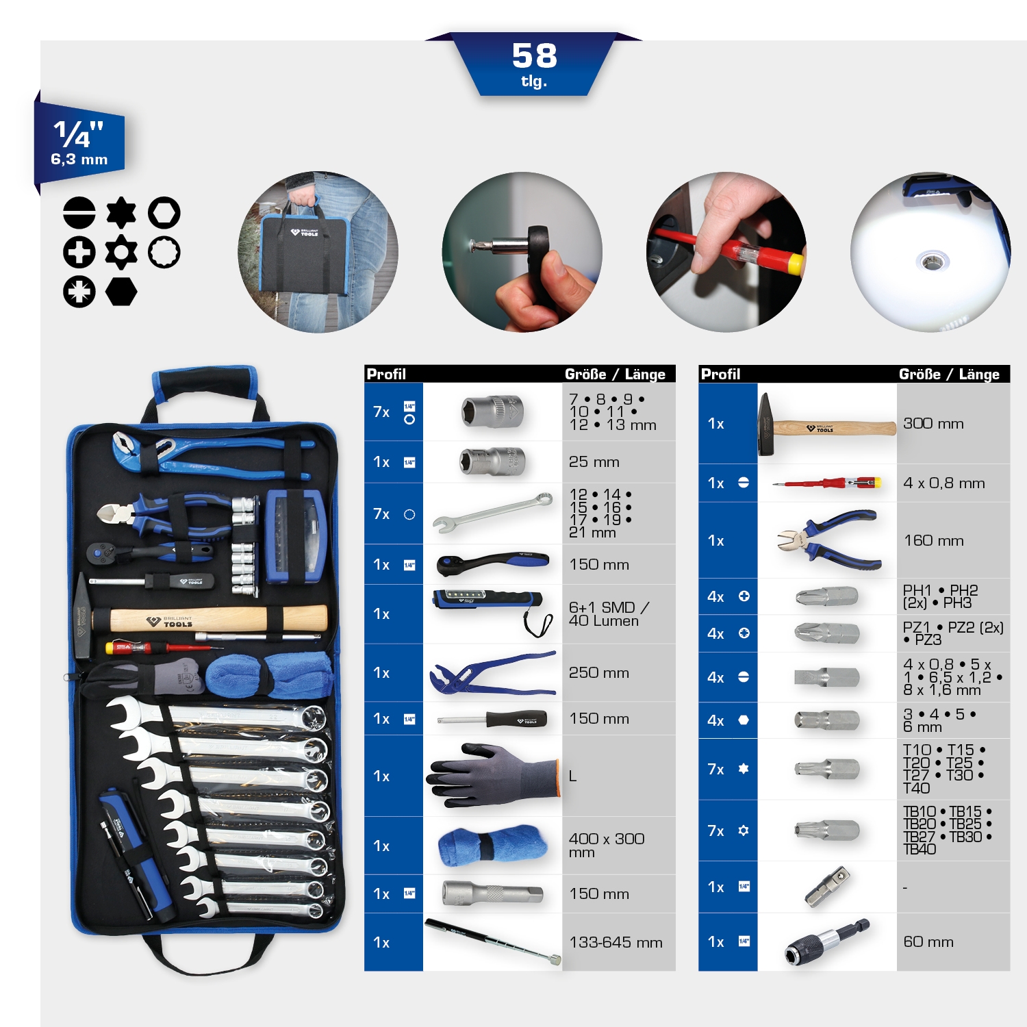 Brilliant Tools  Universal-Werkzeug-Satz in Nylontasche, 58-tlg