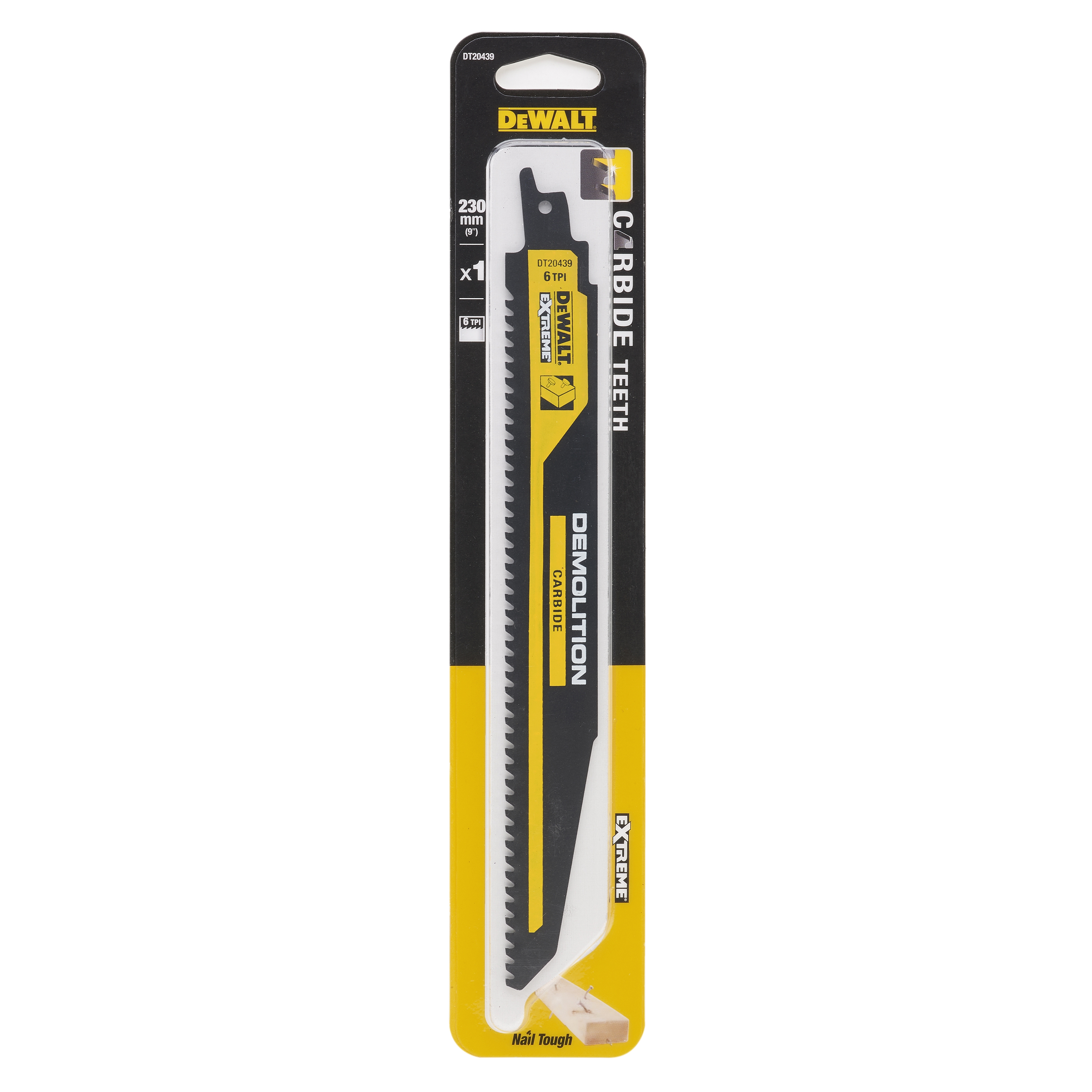 Dewalt DT20439-QZ,  Carbide Saebelsaegeblatt Holz 230mm, Carbide Saebelsaegeblatt fuer nageldurchsetztes Holz (Demolition) 230mm 6TPI, 1 Stueck