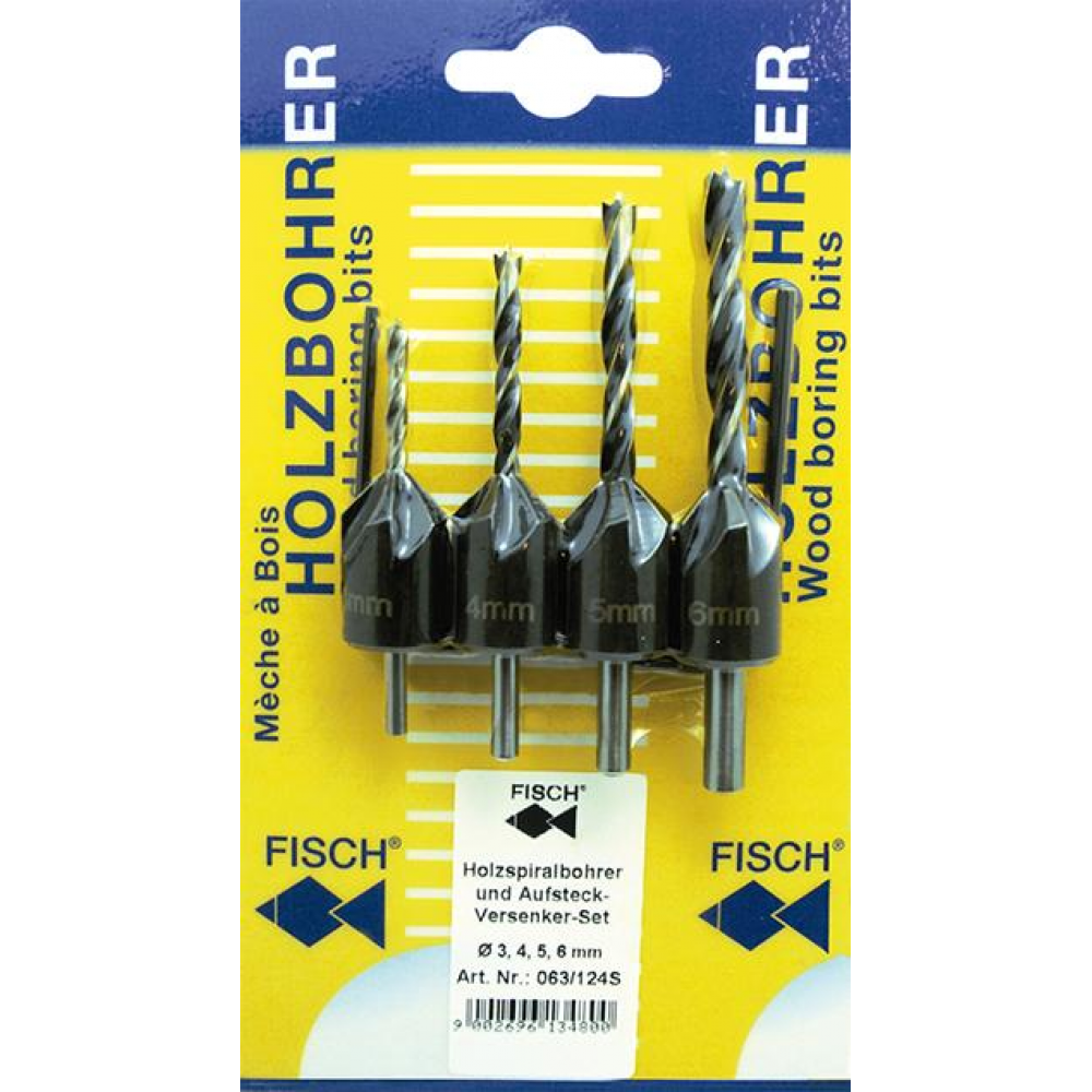 Aufsteckversenker-Satz HSS Holz Spi Bo-/Versenker-Satz3-4-5-6mm auf Karte Fisch