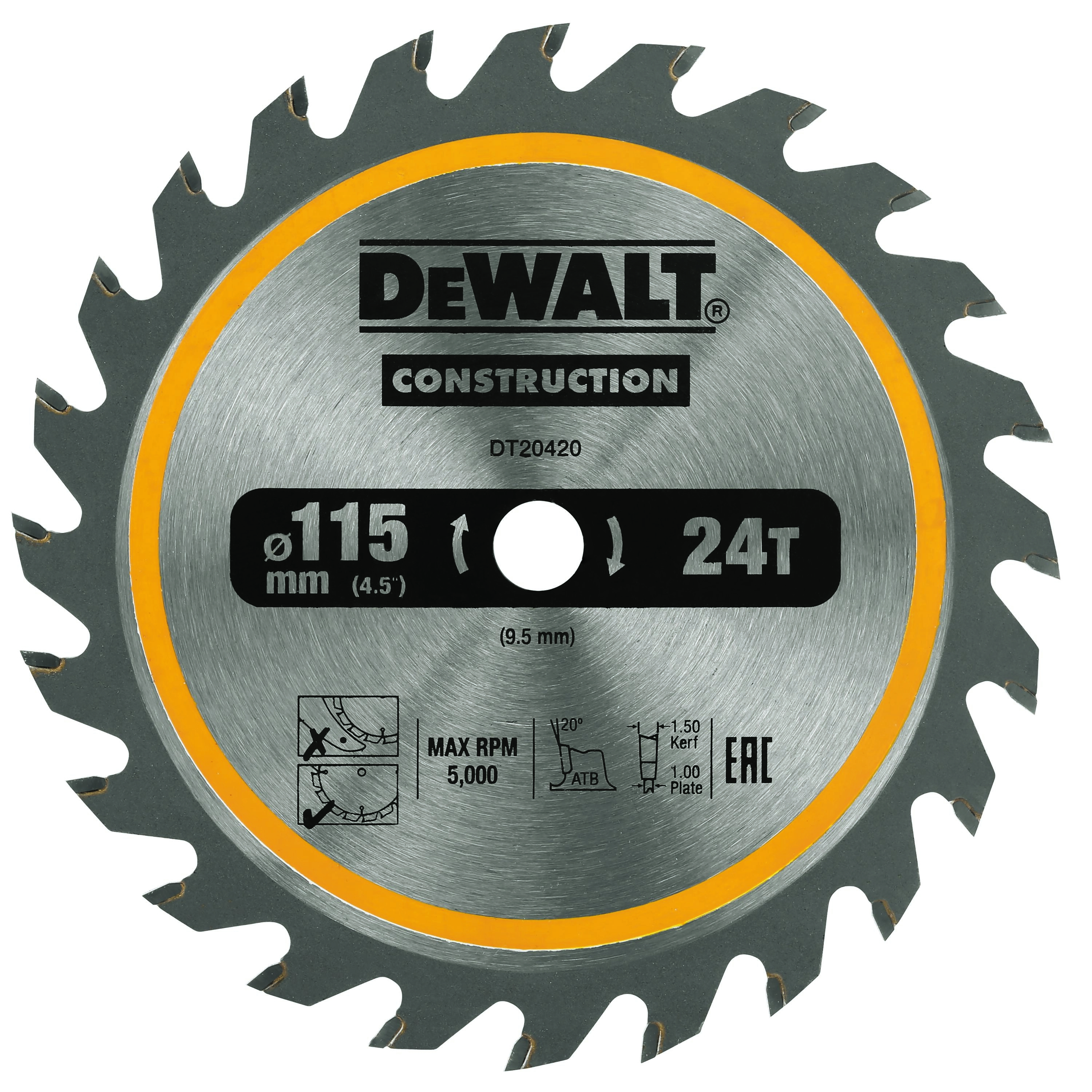 Dewalt DT20420-QZ,  Kreissaegeblatt Akku 115/9,5mm 24Z, TCT/HM Kreissägeblatt für Akku-Handkreissägen, 115x9,5mm, 24WZ