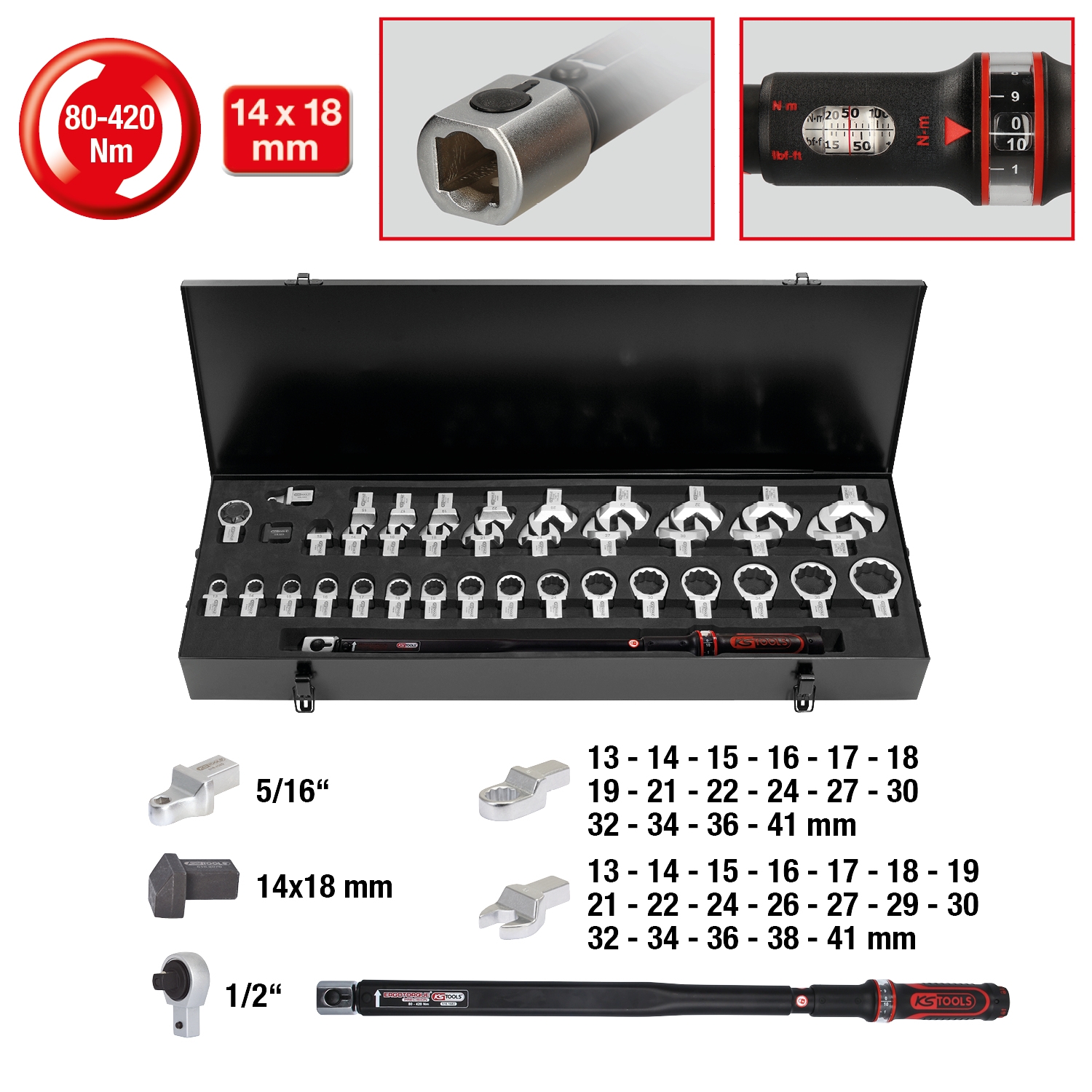 KSTOOLS 14x18mm ERGOTORQUE®precision Einsteck-Drehmomentschlüssel-Satz 80-420Nm, 39-tlg