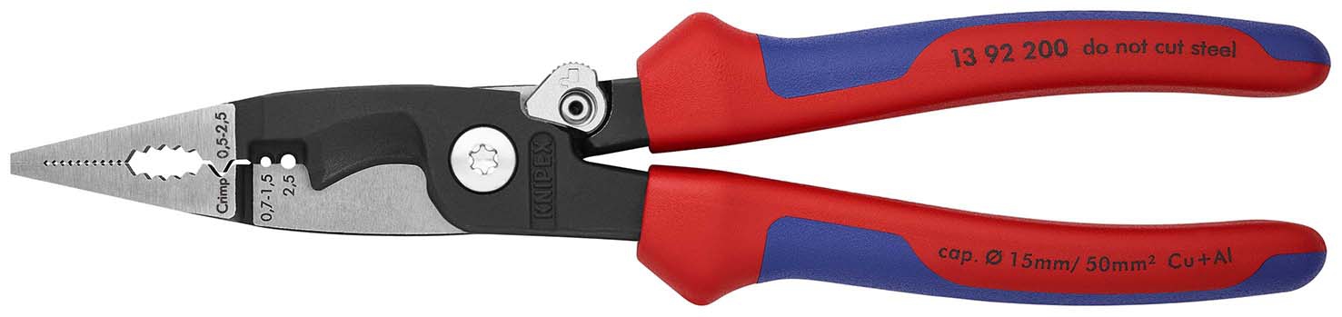 KNIPEX 13 92 200 SB Elektro-Installationszange mit Mehrkomponenten-Hüllen schwarz atramentiert 200 mm (SB-Karte/Blister)