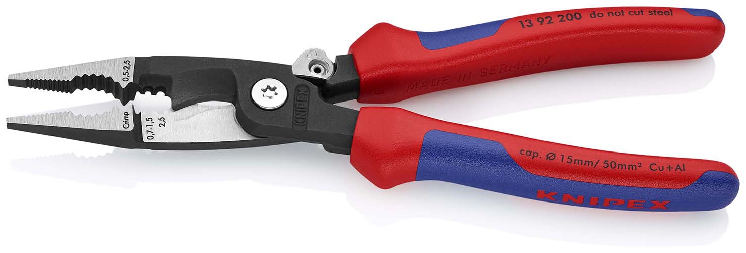 KNIPEX 13 92 200 SB Elektro-Installationszange mit Mehrkomponenten-Hüllen schwarz atramentiert 200 mm (SB-Karte/Blister)